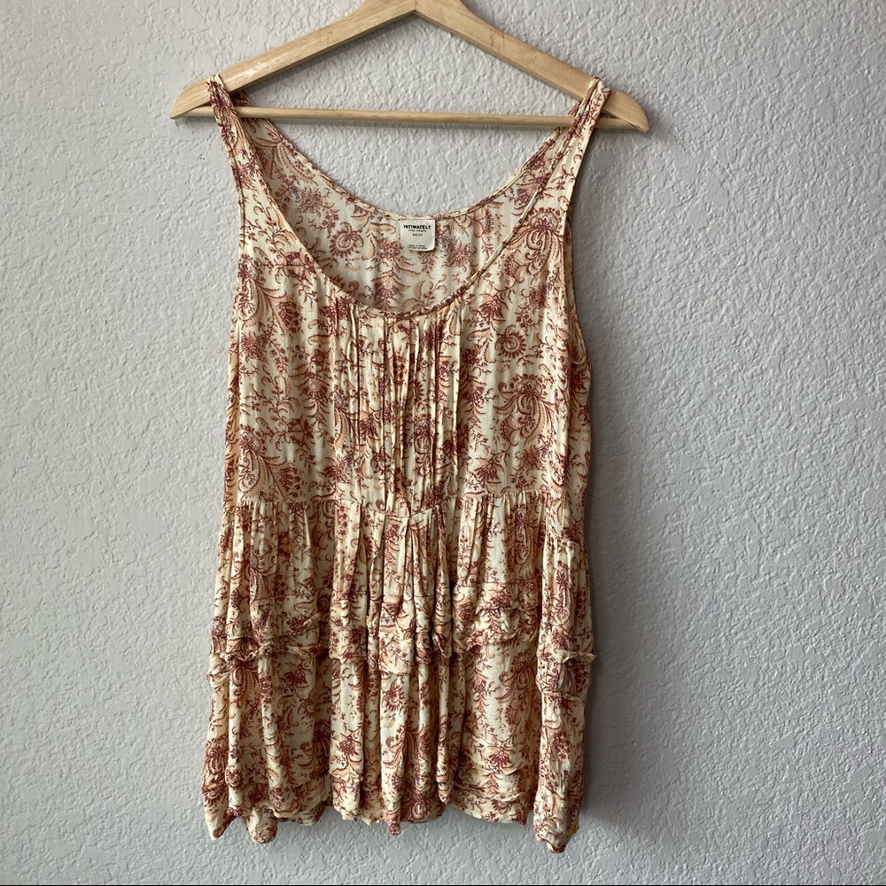 Free People Boho Antique Floral Print Tunic Size XS Ruffle Sleeveless Tea Rose